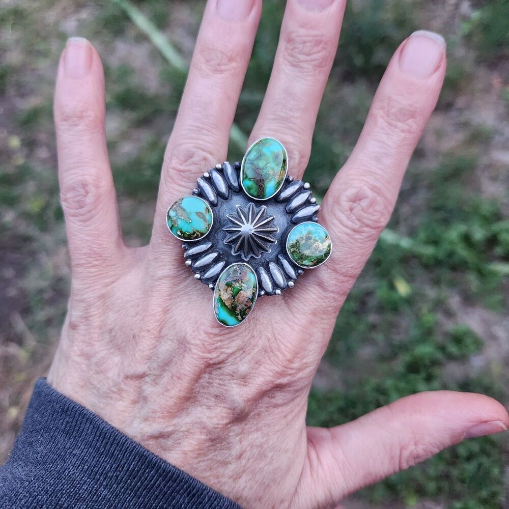 Sonoran Gold Turquoise Concho Ring Navajo Handmade Signed - Picture 2 of 7